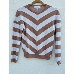 Magaschoni Sweater Womens Small Tan White Chevron Striped Pullover Knit Viscose